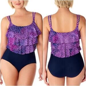 Penbrooke Swimsuits Purple Polka Dots Tiered Ruffle One Piece Plus Size 26W